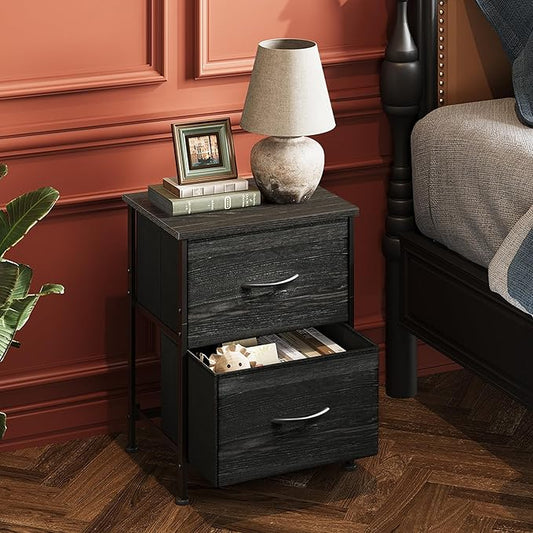 WLIVE Night Stand, Small Dresser with 2 Drawers & Wooden Top, Nightstand with Fabric Bins, Bedside Table End Table for Bedroom, Closet, Entryway, College Dorm, Charcoal Black
