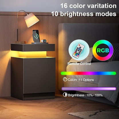 MXV Nightstand Set of 2 with LED Lights,Night Stand with Storage Cabinet for Bedroom,Bedside Table with LED (Black, 24 in Tall)