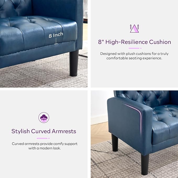 TYBOATLE Accent Chair Comfy Living Room Chair Leather Tufted Mid Century Modern Accent Chair, Small Cozy Reading Arm Chair for Office, Bedroom (1, Blue)
