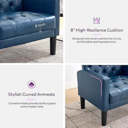 TYBOATLE Accent Chairs Set of 2 Comfy Living Room Chair Leather Tufted Mid Century Modern Accent Chair, Small Cozy Reading Arm Chair for Office, Bedroom (2, Blue)