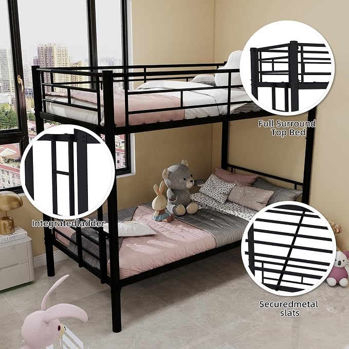 HRVEOCEI 2-Way Convertible Twin Over Twin Bunk Bed with Guardrail & Ladders, Metal Low Bunkbed for Kids Boys Girls, Heavy Duty, No Box Spring Needed, Space-Saving (Black, No Trundle)