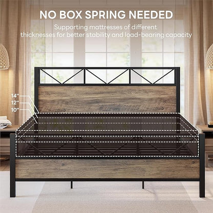 LIKIMIO California King Bed Frame, Tall Industrial Headboard 51.1 ", Platform Bed Frame with Strong Metal Support, Solid and Stable, Noise Free, No Box Spring Needed, Easy Assembly, Rustic Maple
