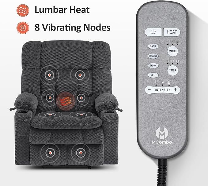 MCombo Oversized Power Lift Recliner Chair for Elderly, Dual Motor Lift Chair with Heat and Massage, Lay Flat Lift Chair for Big and Tall, Cup Holders, Fabric R7891 (Large-Wide, Dark Gray)