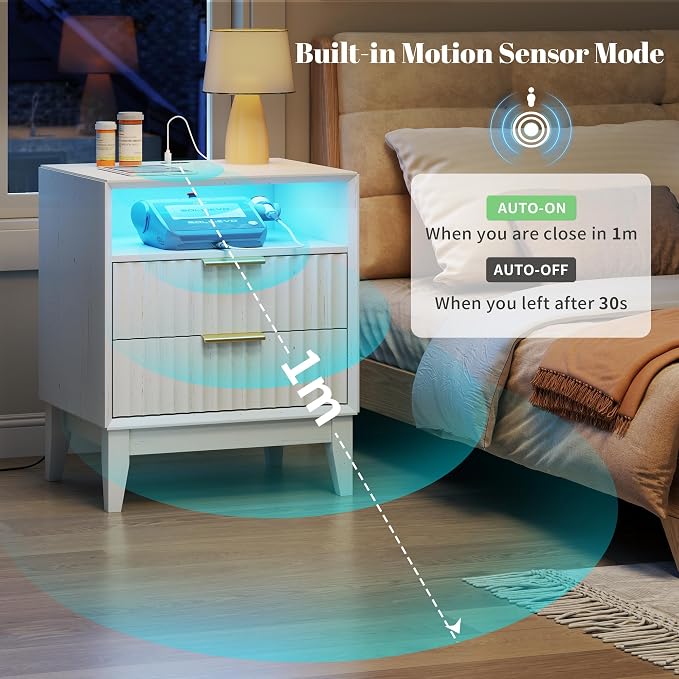 LVSOMT 24“ W Fluted LED Nightstand with Charging Station, RFID Lock, White | Bedside Table with Hidden Drawer, 2 Drawers, Open Cubby, Motion Sensor, USB and Type-C Ports, Night Stand for Bedroom