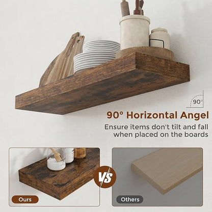 Heimlove 28 Inch Floating Shelves for Wall Rustic Brown Shelves Set of 2,Wall Mounted Rustic Wood 8 Inch Deep Floating Shelf with Invisible Brackets for Bedroom Kitchen Living Room