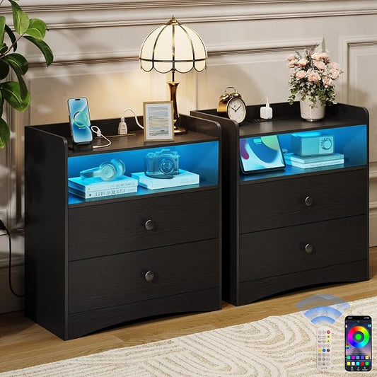 Memobarco 2 Pack Nightstand with Charging Station and LED Light, Modern Nightstand with USB Ports and Outlets, Wooden Bedside Table with 2 Storage Drawers, Small Dresser for Bedroom Small Space, Black