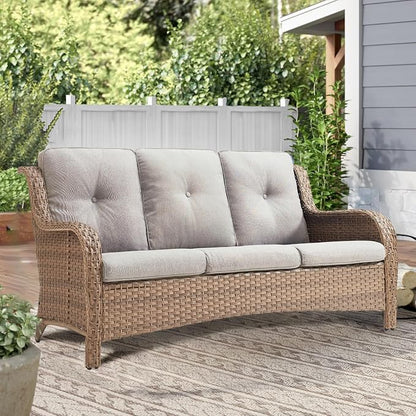 Outdoor Couch All Weather PE Wicker Patio Sofa Outdoor Sofa Deep Seating for Porch Deck Backyard-Yellow Wicker/Beige