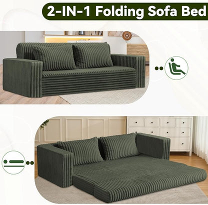 HABUTWAY 78" Loveseat Boneless Couch, 4-in-1 Convertible Sofa Bed, Plush Fur Folding Futon Sofa Bed Couches with 2 Pillows for Living Room, High-Density Foam Support, No Assembly Required, Green