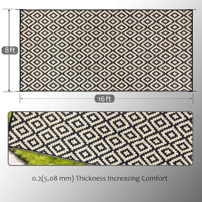 SAND MINE Reversible Mats, Plastic Straw Rug, Modern Area Rug, Large Floor Mat and Rug for Outdoors, RV, Patio, Backyard, Deck, Picnic, Beach, Trailer, Camping (8' x 16', Black & Beige Lattice)