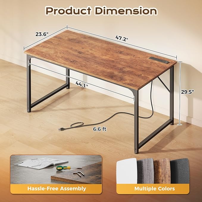 PRAISUN 47 X 24 Inch Deeper Desk with Power Outlets | Computer Desk for Bedroom, Office Desk for Work from Home, Writing Study Gaming Table, Stable Metal Frame, Rustic Brown