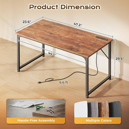 PRAISUN 47 X 24 Inch Deeper Desk with Power Outlets | Computer Desk for Bedroom, Office Desk for Work from Home, Writing Study Gaming Table, Stable Metal Frame, Rustic Brown