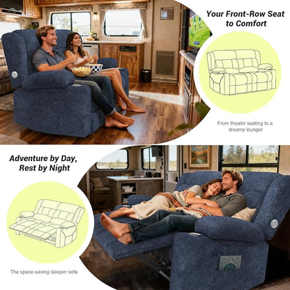 RV Loveseat Recliner Sofa, Reclining Loveseat Home Theater Seating with USB Ports, Cup Holders, Insert Pockets, Wall Hugger RV Recliners for Movie Room, Recline Movie Seats Gaming Sofa, Blue