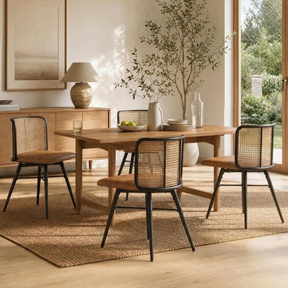 TYBOATLE Farmhouse Rattan Dining Chairs Set of 4 (Brown) | Boho, Natural Cane Woven Back, Faux Leather Seat, Metal Legs, Upholstered, Kitchen, Dining Room