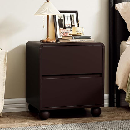 Furniway Brown Nightstand Set of 2, Modern 2 Drawer Bedside Table with Curved Profile Design and Handle-Free Drawers, Modern End Table with Storage for Bedroom