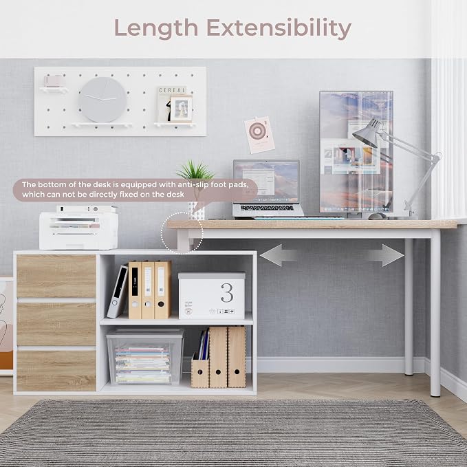 Home Office Computer Desk Corner Desk with 3 Drawers and 2 Shelves, 53-inch L-Shaped Study Desk with Storage, White + Walnut