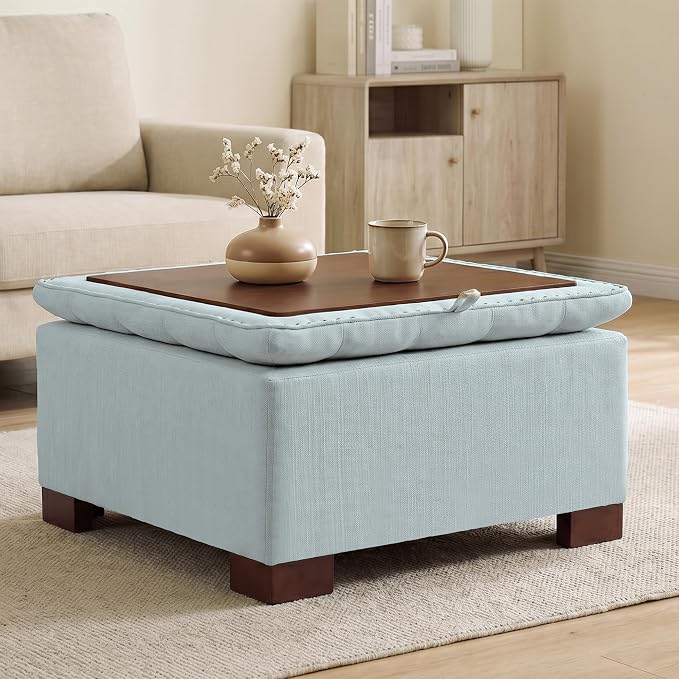 24 Inch Square Storage Ottoman Coffee Table, Modern Tufted Upholstered Ottoman with Flip Tray and Solid Wood Legs, Suitable for Living Rooms, Linen Blue