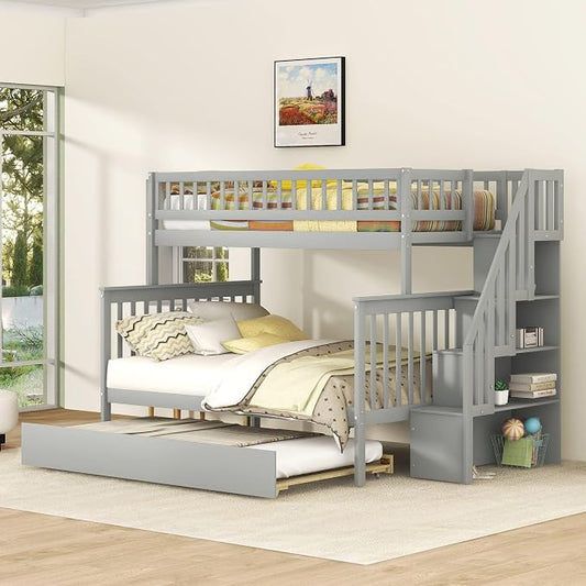 MERITLINE Twin Over Full Bunk Bed with Trundle, Storage Staircase,Solid Wood Bunk Bed with Storage Stairs Box and Guardrail, No Spring Box Needed (Grey)