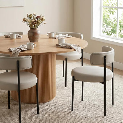 Faux Leather Dining Chairs Set of 6, Upholstered Kitchen and Dining Room Chairs, Mid-Century Modern Dining Chairs with Round Back and Black Metal Legs, Vegan Leather, Beige Grey