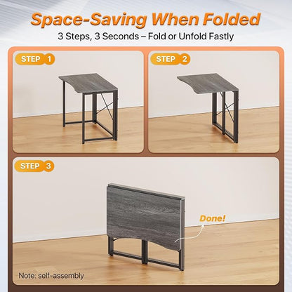 Huuger Folding Desk for Small Spaces, 31.5 Inch Foldable Computer Table, for Home Office, Study, Bedroom, Dorm, Space Saving, Small Writing Work Office Computer Desk, Easy to Fold, Grey