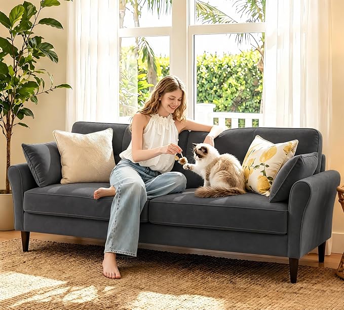 Loveseat Sofa, 69" Love Seat Couches, Comfy Velvet Small Couches for Small Spaces with 2 Pillows, Tool-Free Setup Sofas & Couches, 700lb Load Sofas for Living Room, Mini Couch for Bedroom, Grey Couch