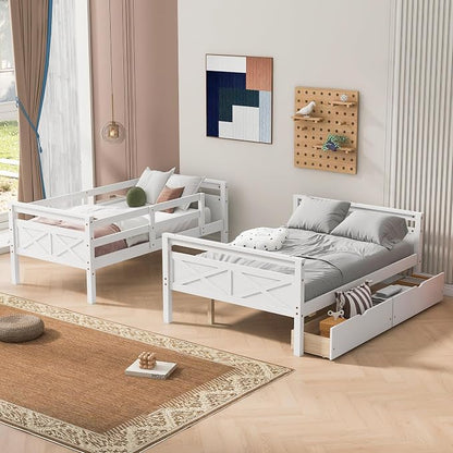 Merax Twin Over Full Bunk Bed with 2 Storage Drawers,Solid Wood Bunk Bed with Ladder and Safety Guardrail for Bedroom Kids Adults, Can be Separated into 2 Beds,White
