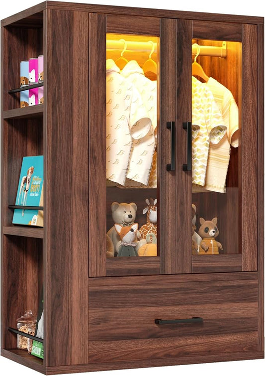 Wooden Dog Closet with LED Lights, Pet Wardrobe Organizer | Storage Cabinet for Dog & Cat Clothes, Toys, Food | Multi-Use Furniture, Walnut
