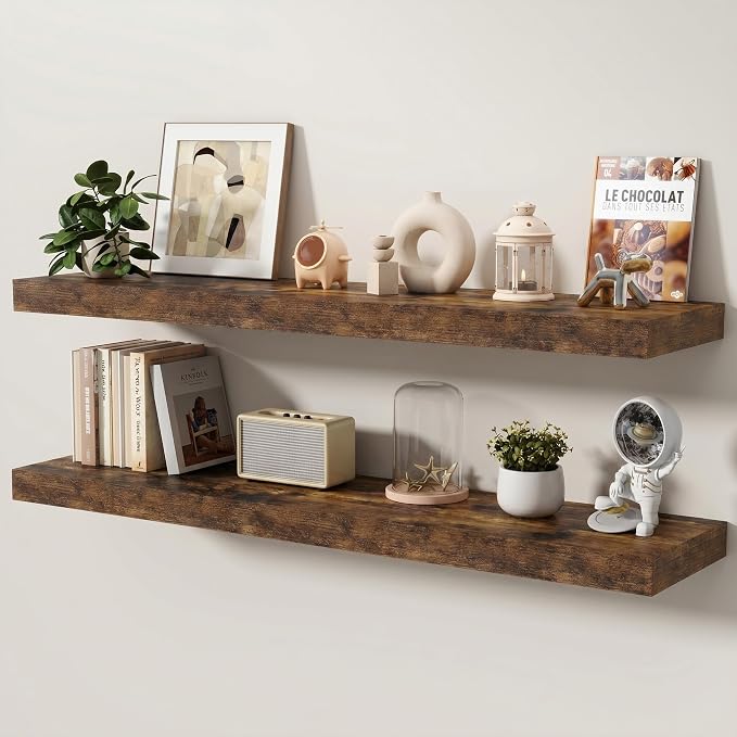 Floating Shelves for Wall, 48 Inch x 8 Inch Deep Wall Mounted Wood Shelf with Invisible Brackets for Storage & Display, Living Room Bedroom Kitchen, Rustic Brown, Set of 2