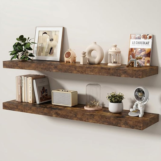 Floating Shelves for Wall, 48 Inch x 8 Inch Deep Wall Mounted Wood Shelf with Invisible Brackets for Storage & Display, Living Room Bedroom Kitchen, Rustic Brown, Set of 2