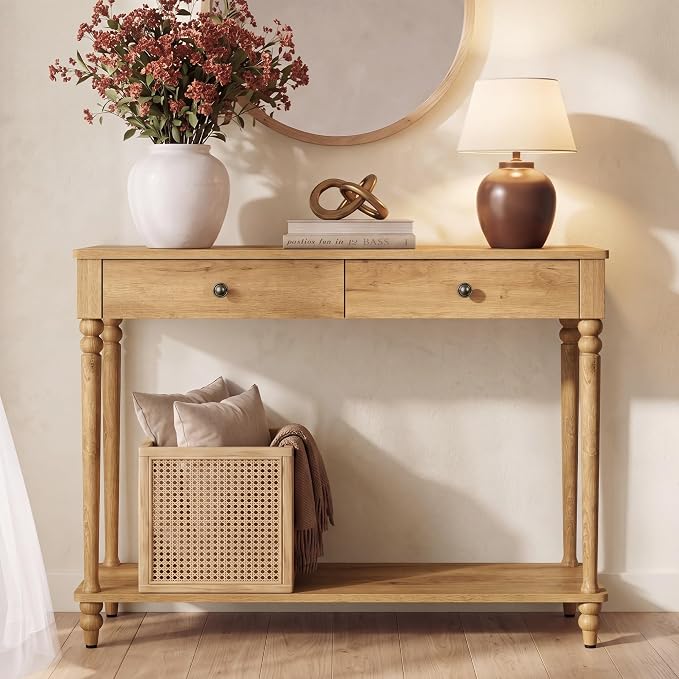 VASAGLE Mariel Collection - Console Table, Narrow Entryway Sofa Table with Drawers and Shelf, Solid Wood Legs, Mid-Century Modern, for Hallway Doorway Living Room, Natural Brown ULNT139K301S