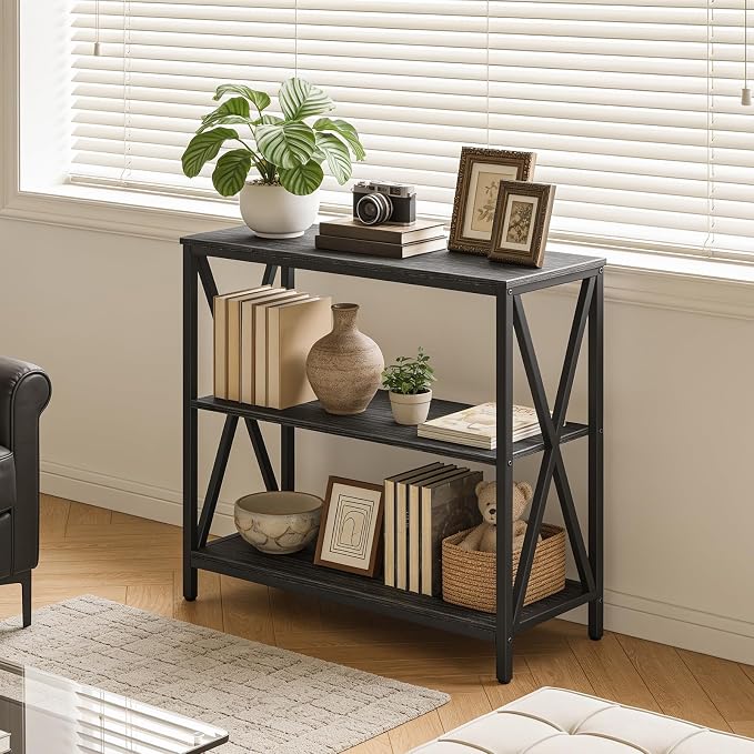 MAHANCRIS 31.5" Sofa Table, Industrial Console Table, 3-Tier Narrow Sofa Table with Storage Shelves, Foyer Table for Entryway, Hallway, Kitchen, Living Room and Bedroom, Easy Assembly, Black CTHB8001