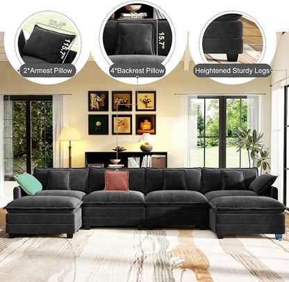 146" Cloud Couch Sectional, U Shaped Modular Sectional Sofa, 4-Seat Deep Seat Couch with 6 Removable Washable Pillows and 2 Ottoman for Living Room, Bedroom, Apartment, Black