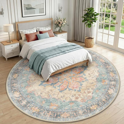 RELEANY Area Rugs Round 10ft Washable Non-Slip, Floral Vintage Distress Medallion Carpet for Living Room Bedroom Dining Room, Blue Orange Red
