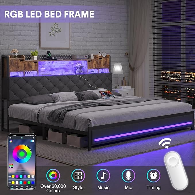 Dnxao King Size Bed Frame with Storage and Upholstered Headboard,Heavy Duty Metal Platform Bed with LED Lights,Charging Station & Hidden Shelves,Noise-Free,No Box Spring Needed,1200lbs,Gray