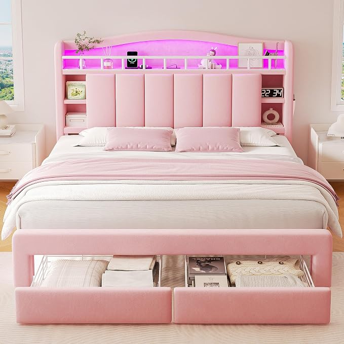Queen LED Bed Frame with Storage Headboard & 2 Storage Drawers, Princess Velvet Upholstered Bed with Vertical Tufted Headboard Design for Girls, USB & Type-C Charging Ports, Wooden Slats Support, Pink