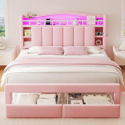 Queen LED Bed Frame with Storage Headboard & 2 Storage Drawers, Princess Velvet Upholstered Bed with Vertical Tufted Headboard Design for Girls, USB & Type-C Charging Ports, Wooden Slats Support, Pink