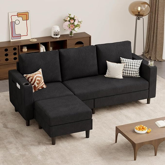 Luxanimarion Upholstered Sectional Sofa and Couches, 78'' L Shaped 3-seat Sofa forLiving Room, Apartment,Lounge,Bedroom-Washable Covers Convertible Sofas(Corduroy Fabric,Black)
