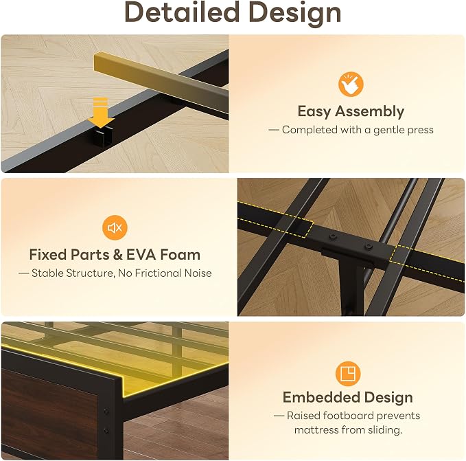 LIKIMIO King Bed Frame and Headboard, Mid-Century Modern King Platform Bed, Heavy Duty Silent Metal Slats, No Box Spring Needed, Noise-Free, Dark Walnut