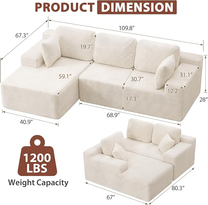 Homall 110" Boneless Sectional Couch, Modular Sectional Sofa L-Shape Couch with Deep Seat, Cloud Comfy Boneless Couch for Living Room, No Assembly Required (Corduroy, Beige)