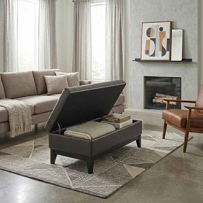 SIMPLIHOME Oregon Storage Ottoman Bench with Tray - 42 inch Wide Upholstered Vegan Leather Rectangle Ottoman Bench in Tanners Brown, Transitional Tufted Ottoman for Living Room with Lift-Up Lid