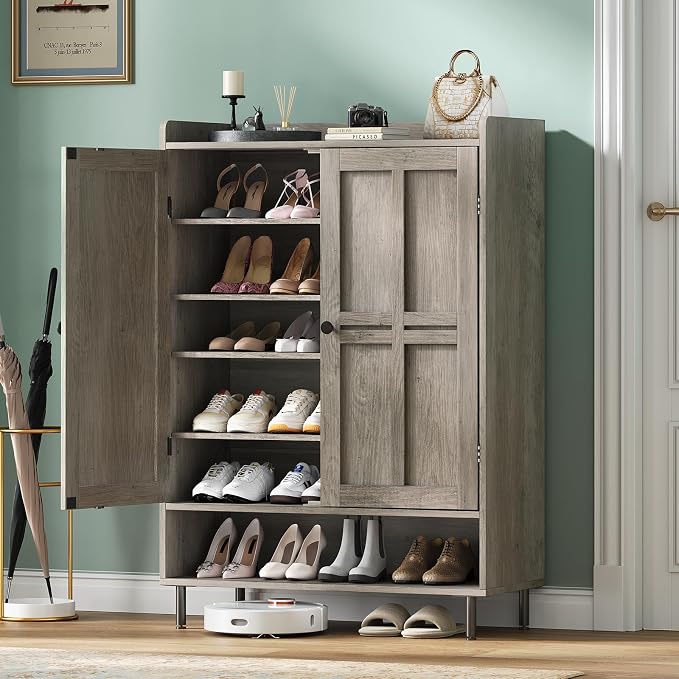 Shoe Storage Cabinet with 2 Doors, 6-Tier Shoe Cabinet with 3 Adjustable Shelves and Metal Legs, 45'' Tall Shoe Rack Organizer Cabinet for Entryway, Front Door, Gray Wash