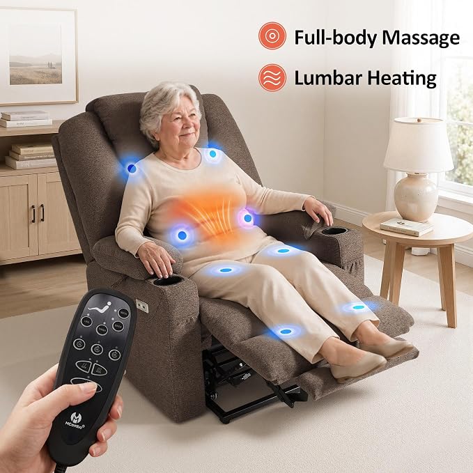MCombo Power Lift Recliner Chair for Elderly R7042(Brown, Small-Wide) | Heat and Massage, USB& Type C Charging Port, FSC Certified