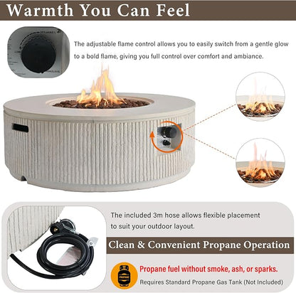 Merax 38.19'' MGO Propane Outdoor Fire Pit with Vertical Stripe Design, 50000 BTU Round Fire Pit Table with Steel Burner, Adjustable Flame Control, Lava Rocks & Rain Cover for Patio&Backyard, Beige
