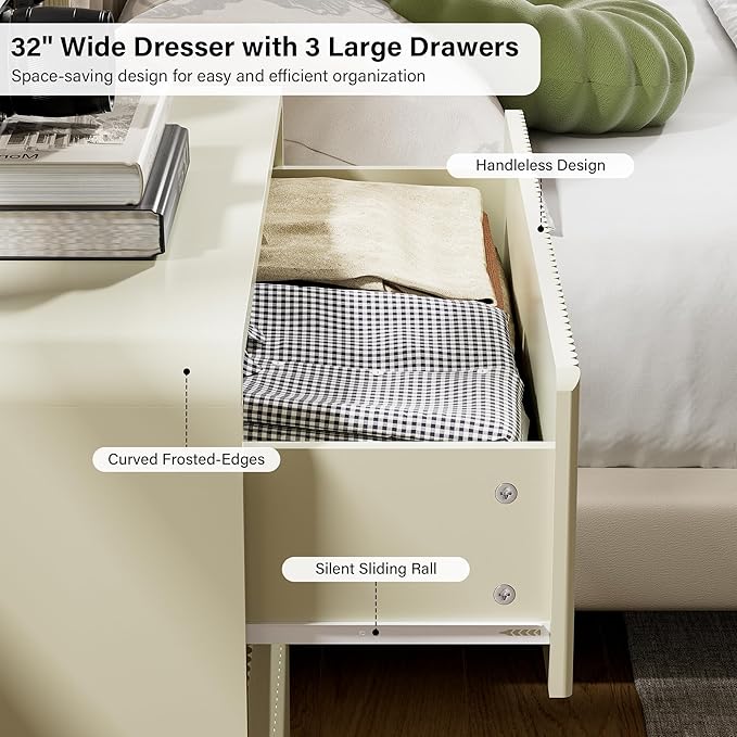 Furniway Beige 3 Drawer Dresser, 32" Wide Wood Chest of Drawers with Curved Design, Modern Fluted Dresser with Push-to-Open Storage for Bedroom
