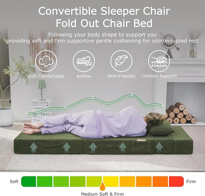 Folding Sofa Bed, 4 in 1 Convertible Sleeper Chair with Pillow, Twin Memory Foam Fold Out Chair Bed, Modern Floor Futon Sofa Couch Mattress for Living Room/Guest/Apartment, Green