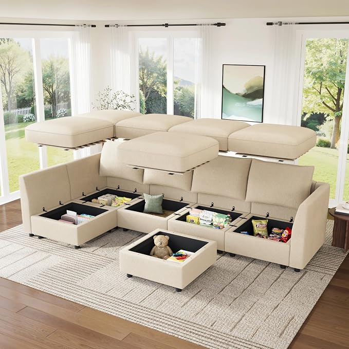 HONBAY Modular Sectional Sofa L Shaped Sectional Couch with Storage, Convertible Couches for Living Room - Beige