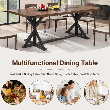 Hlivelood Dining Table for 6 8 People,Rectangular Kitchen Farmhouse Table W/Waterproof Wood Tabletop,Long Dining Room Tables W/Wood Strip Base for Kitchen Living Room(78IN BR&BK)