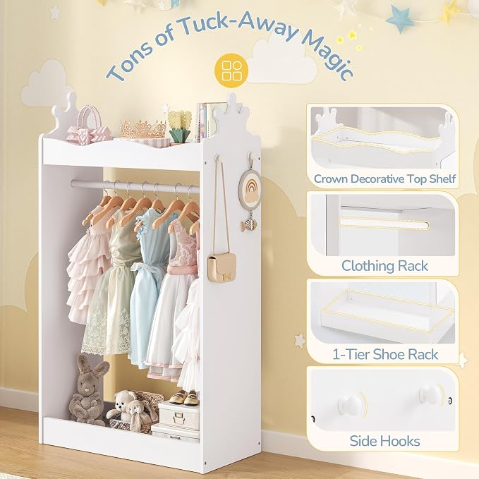 Curipeer Kids Dress Up Storage with Full-Length Mirror, Princess Closet for Little Girls, Kids Dress Up Rack with Crown Top, 42" Open Hanging Armoire Wardrobe for Bedroom, Playroom, Nursery, White