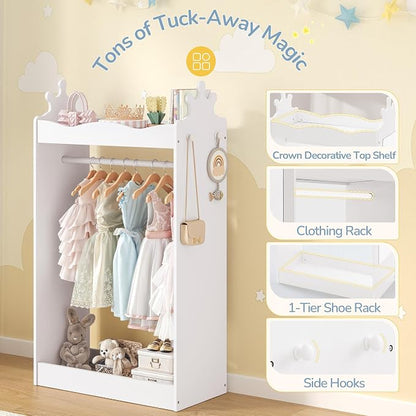 Curipeer Kids Dress Up Storage with Full-Length Mirror, Princess Closet for Little Girls, Kids Dress Up Rack with Crown Top, 42" Open Hanging Armoire Wardrobe for Bedroom, Playroom, Nursery, White