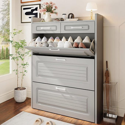 Shoe Cabinet with 3 Large Flip Drawers and 2 Storage Drawers, Narrow Shoe Organizer Cabinet Fits for Kinds of Shoes, Hidden Shoe Storage Cabinet for Entryway, Hallway, Light Grey