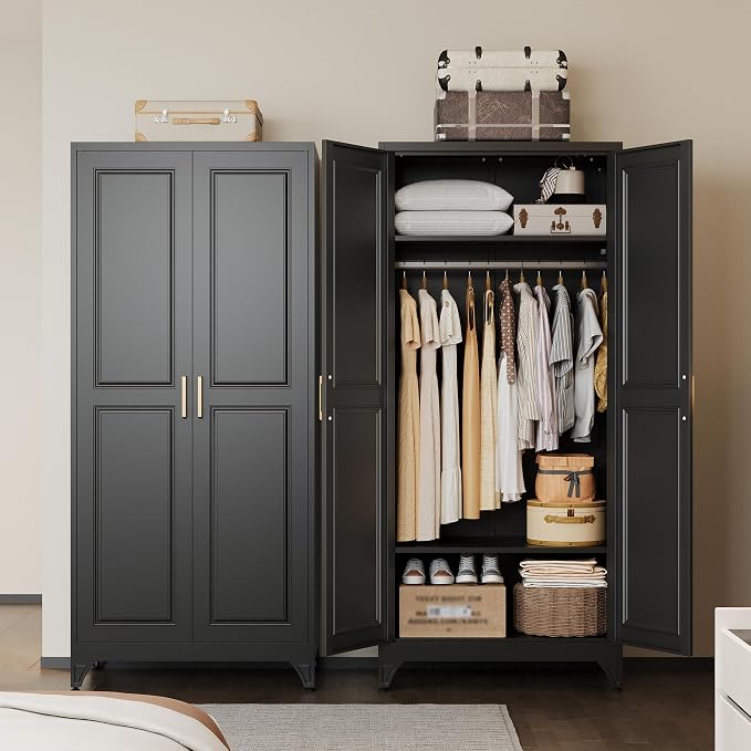 UNICOLY Armoire Wardrobe Closet with Doors, 71'' Wardrobe Cabinet with Hanging Rod, Metal Closet with 2 Adjustable Shelves for Bedroom School, Employee, Gym, Armarios De Ropa para Dormitorio, Black